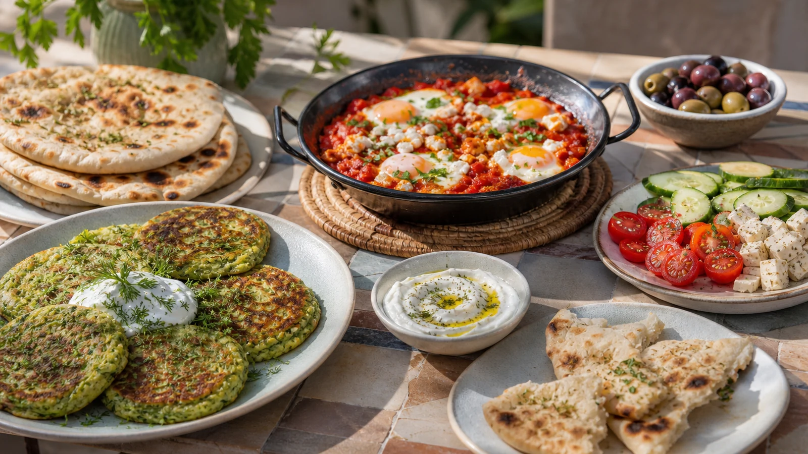Mediterranean brunch with shakshuka, olives, vegetables, feta, flatbread, and herb pancakes.