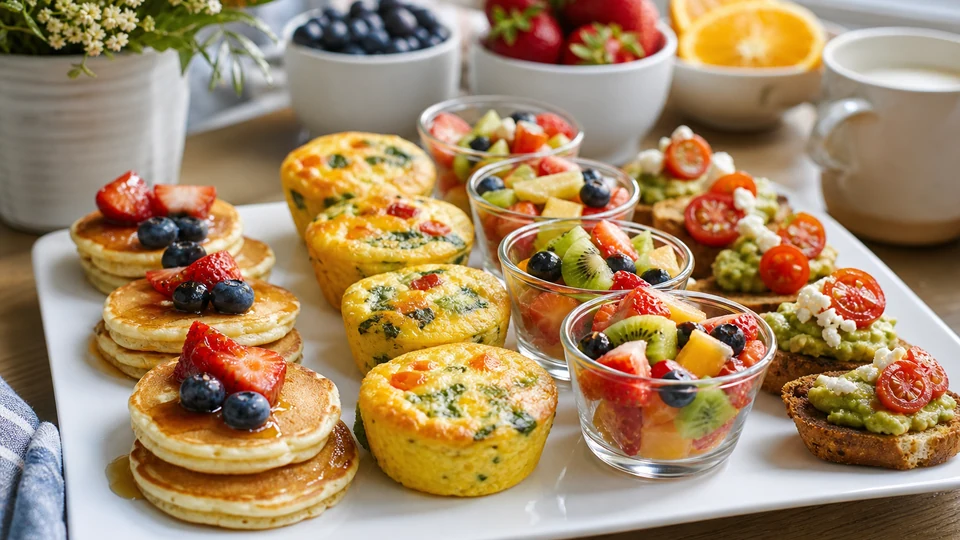 Mini brunch foods with tiny pancakes, egg muffins, fruit cups, and toast bites.