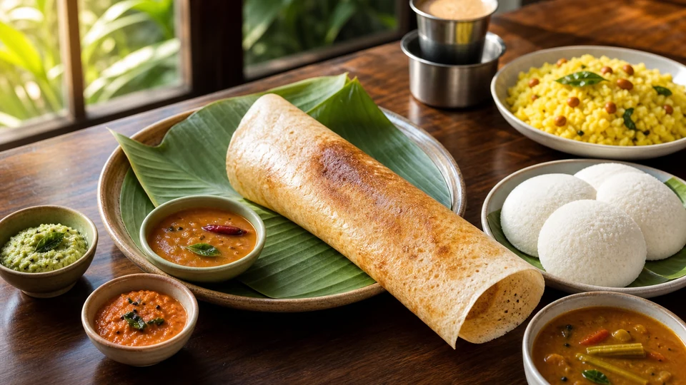 Indian morning breakfast with dosa, idli, poha, sambar, and chutneys.