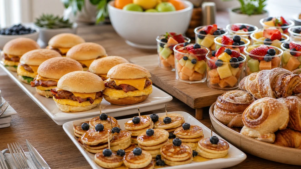 Office brunch buffet with breakfast sandwiches, fruit cups, pastries, and pancake bites.