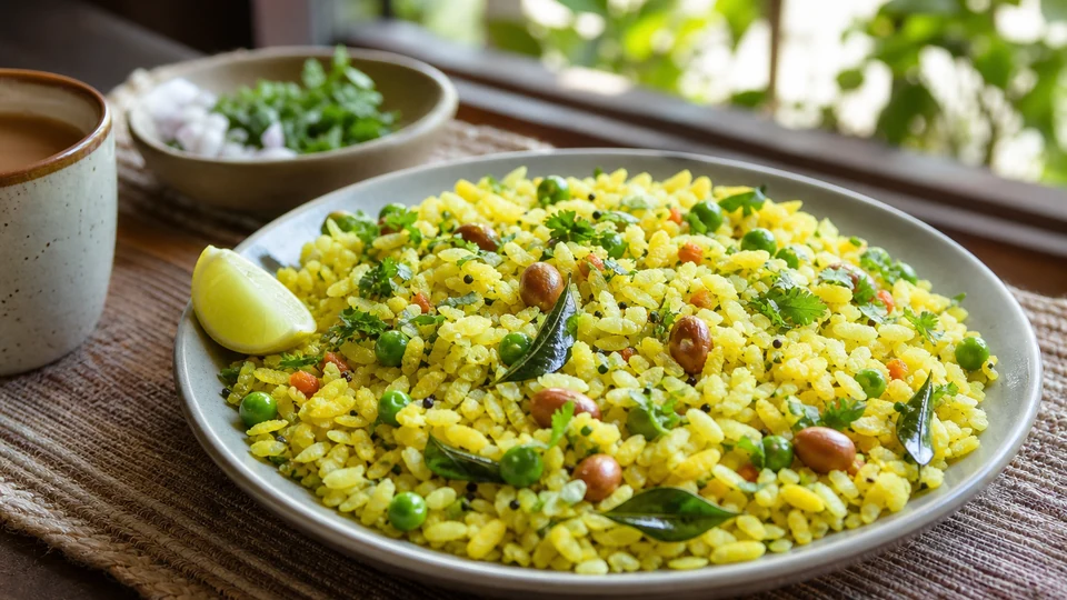 Vegetable poha with peanuts, peas, curry leaves, lemon, and coriander.