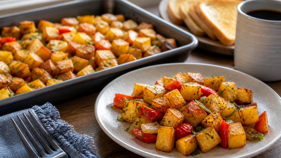 Crisp roasted breakfast potatoes with peppers, onions, and herbs