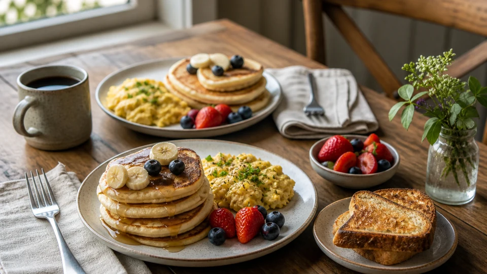 Small brunch for two with pancakes, eggs, fruit, toast, and coffee.