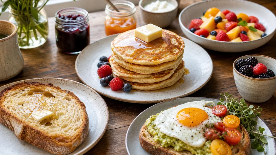 Sourdough brunch with sourdough pancakes, toast, eggs, preserves, and fruit.
