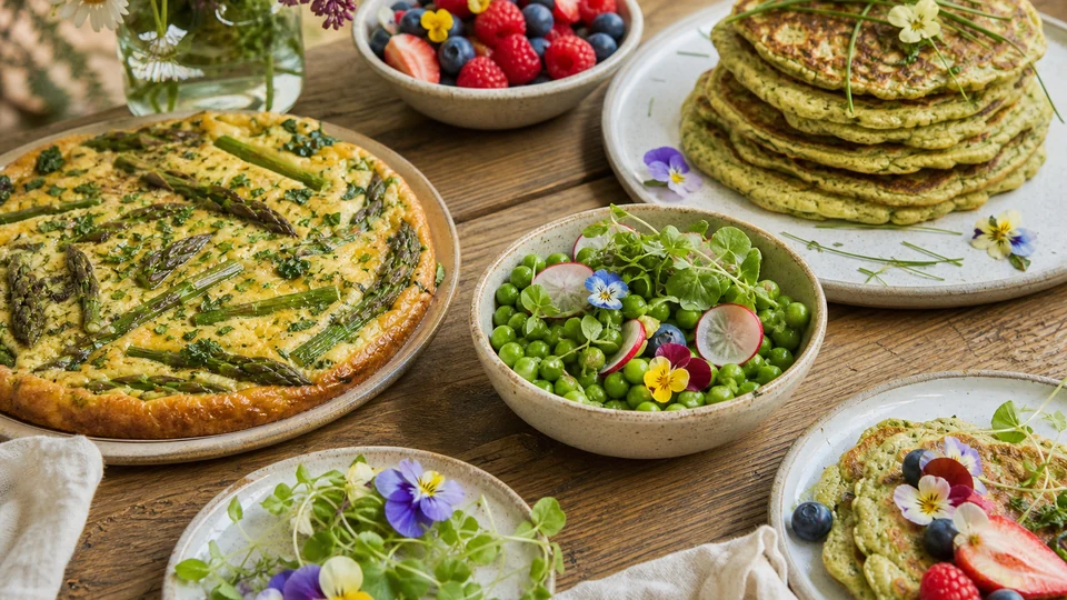 Spring brunch with asparagus frittata, herb pancakes, peas, radishes, and berries.