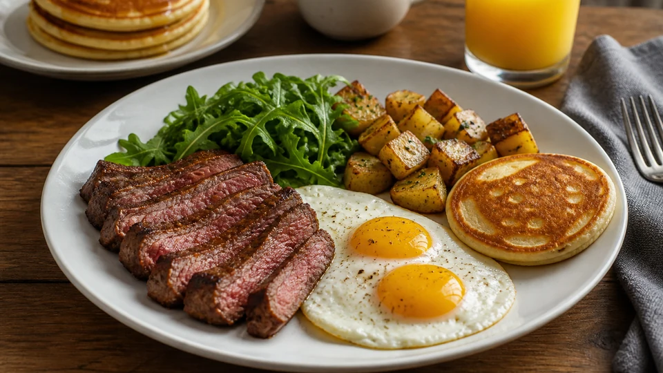 Sliced steak with eggs, potatoes, greens, and a small pancake at brunch