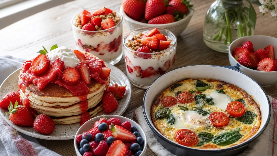 Strawberry brunch with strawberry pancakes, berries, yogurt parfaits, and baked egg dish.