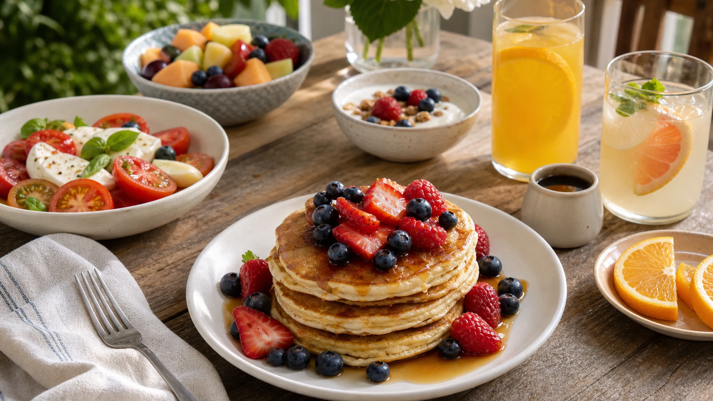 Summer brunch with berry pancakes, tomato salad, fruit, yogurt, and citrus drinks.