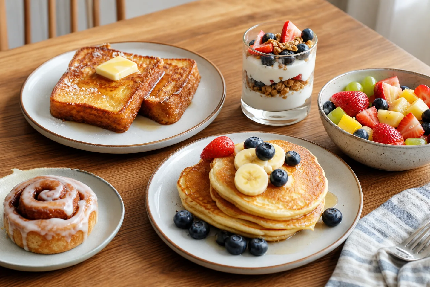 Sweet brunch table with pancakes, fruit and baked breakfast foods