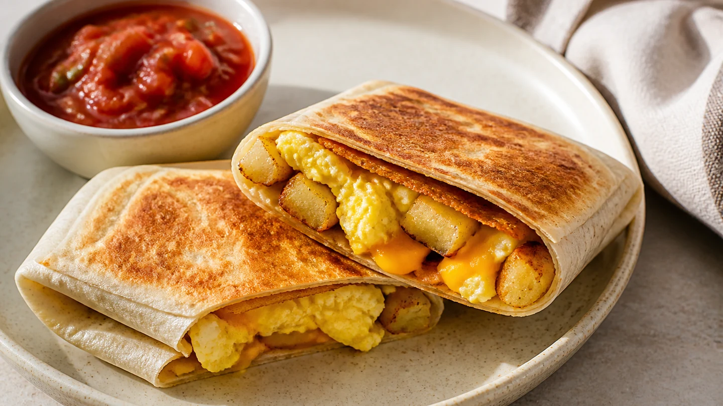 A home breakfast crunchwrap-inspired parcel with egg, potato and cheese.