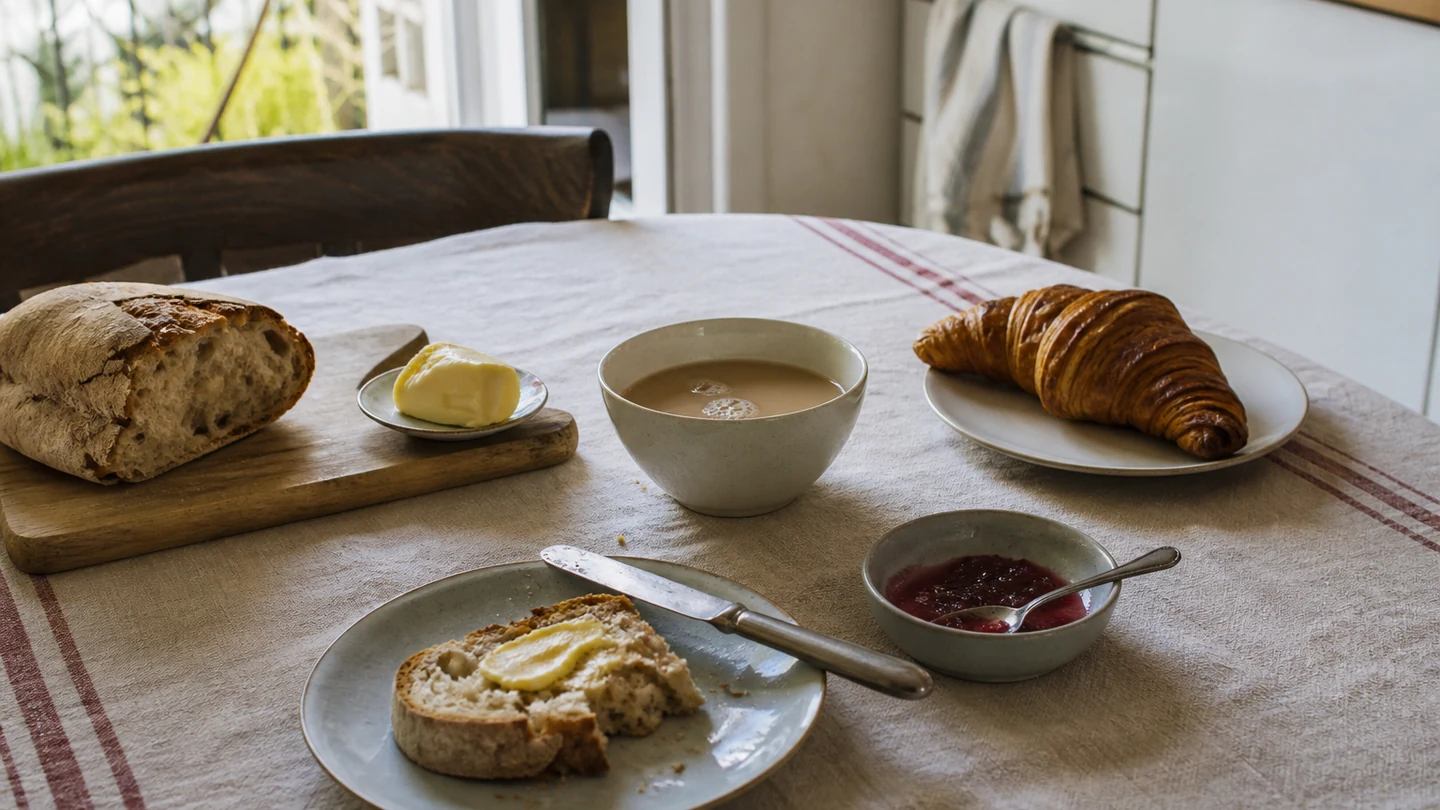 A restrained French breakfast with tartine, croissant and cafe au lait.