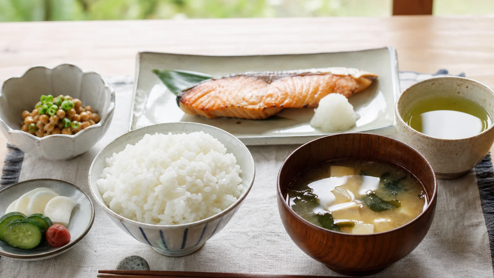 Typical Japanese breakfast with rice, miso soup, grilled fish, natto, pickles, and tea.